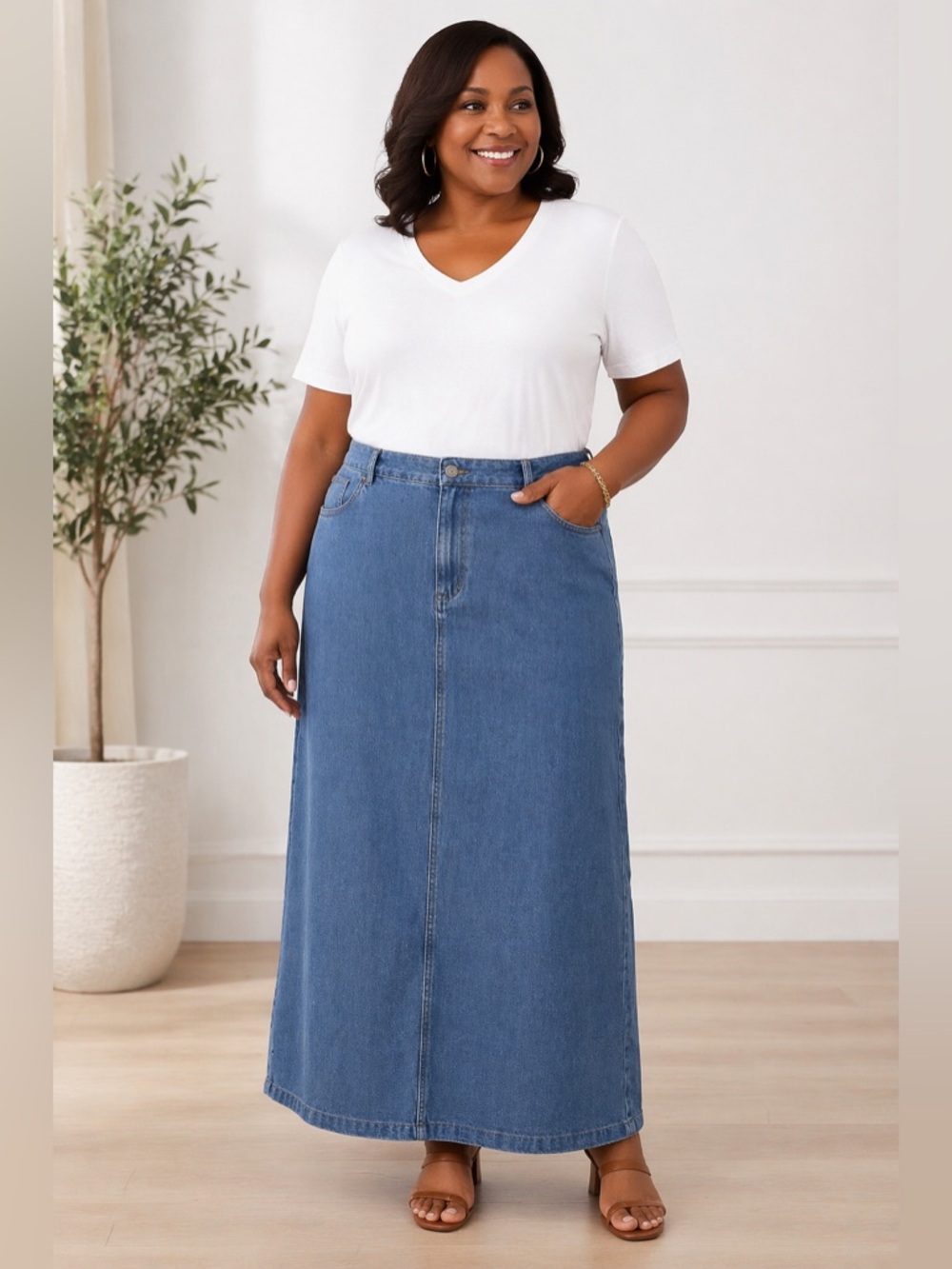 Jessica London Denim Maxi Skirt Womens 18W Blue Long Modest Straight Plus Size